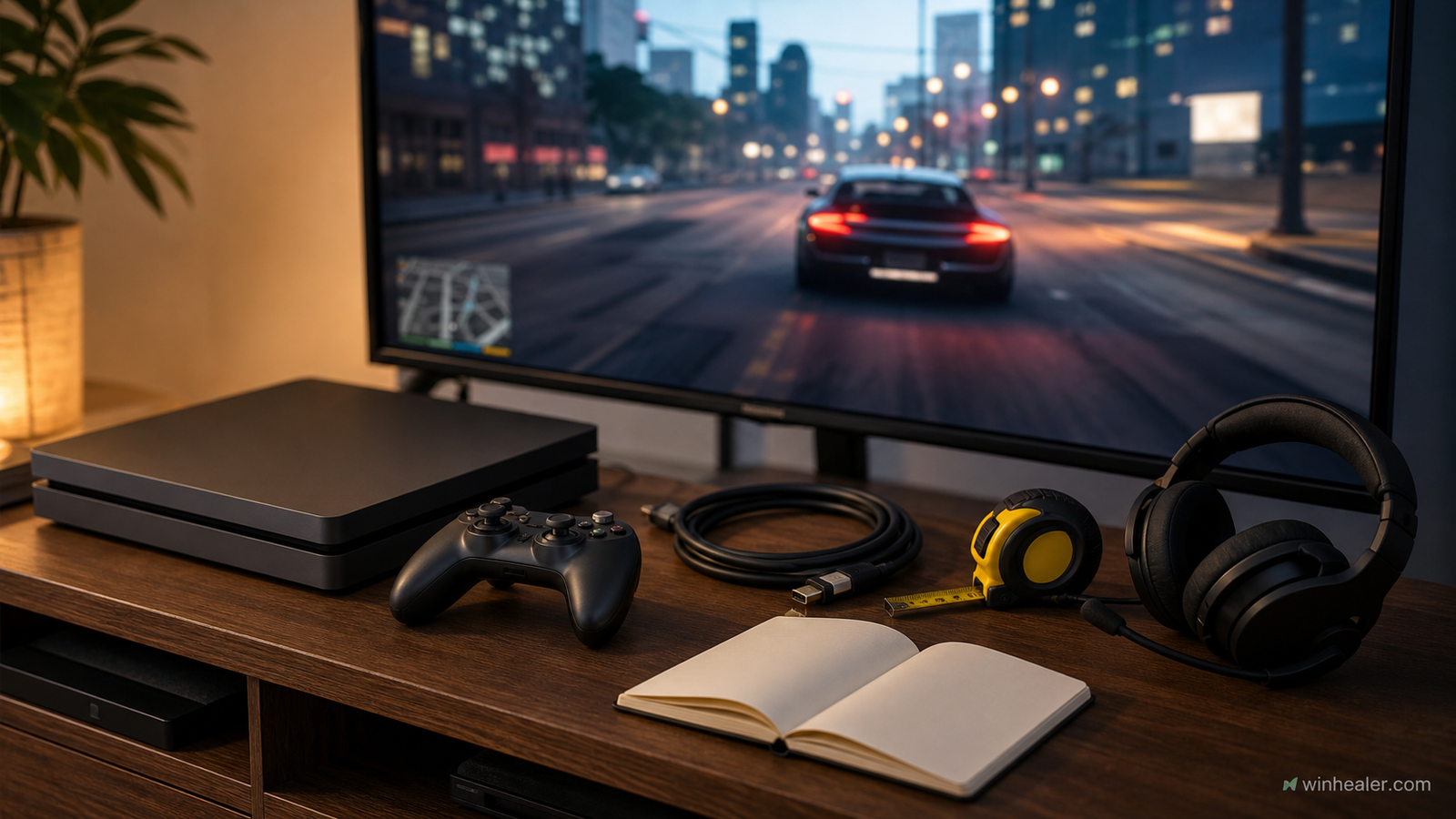 Realistic console buying setup with controller cables headset and WinHealer branding