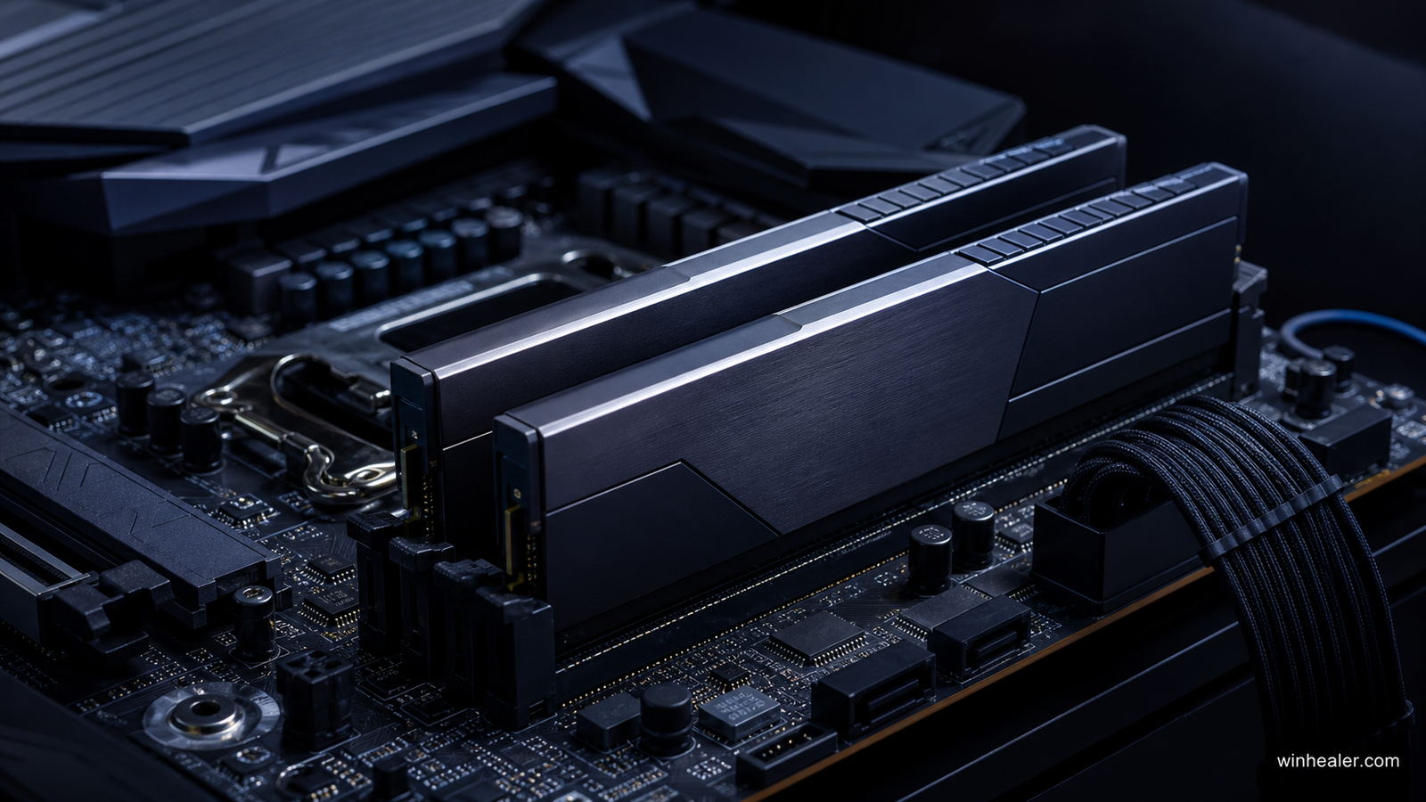 Realistic DDR5 memory modules installed in a gaming motherboard with WinHealer branding
