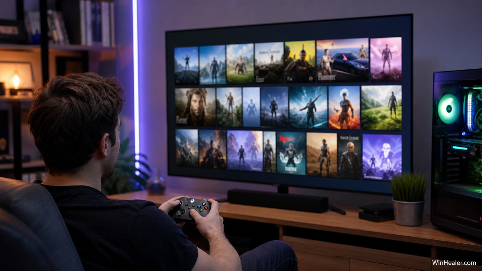 Player navigating a controller-friendly full-screen game library on a Windows 11 PC