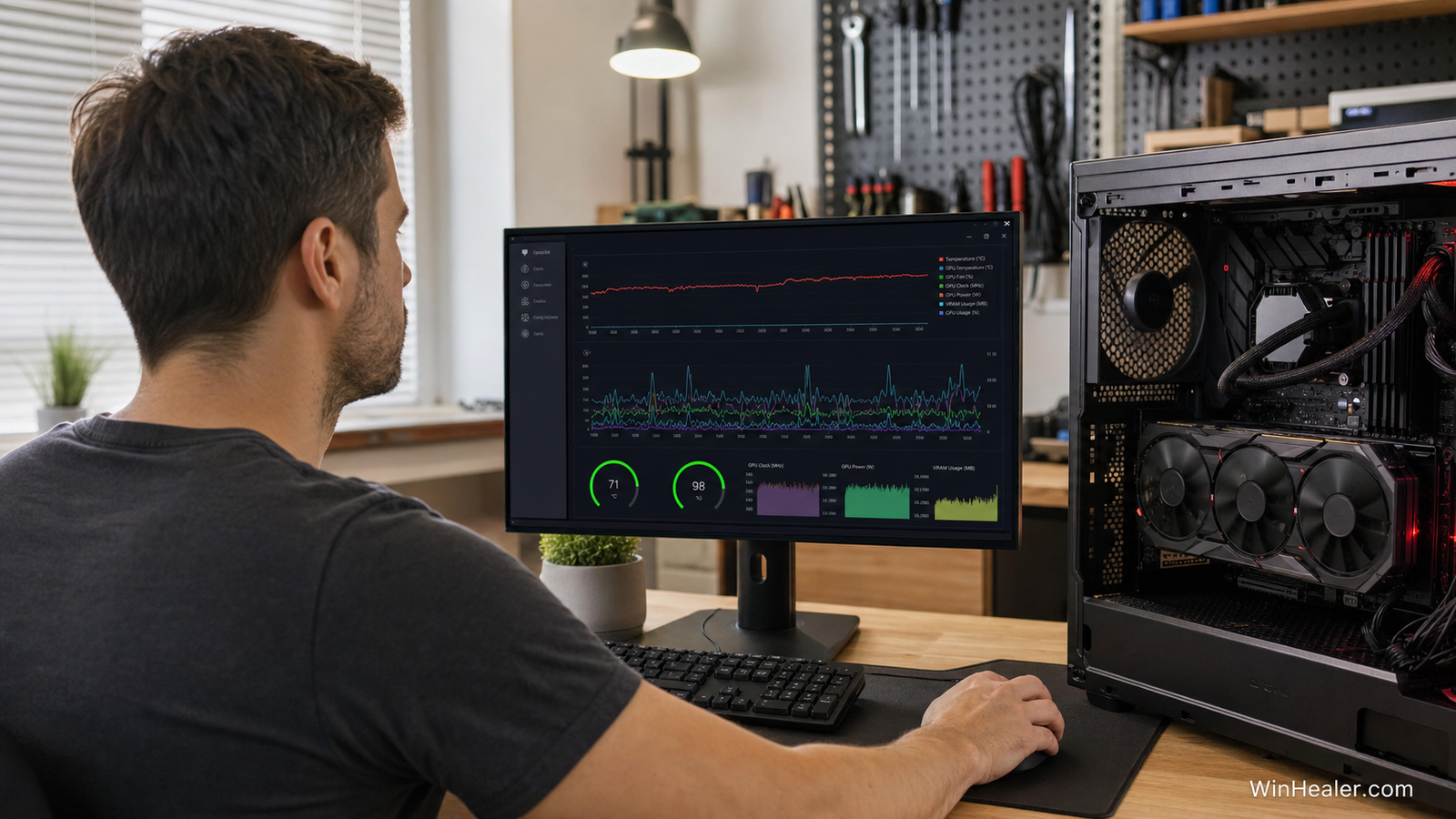 Technician monitoring GPU temperature and performance during a stability test