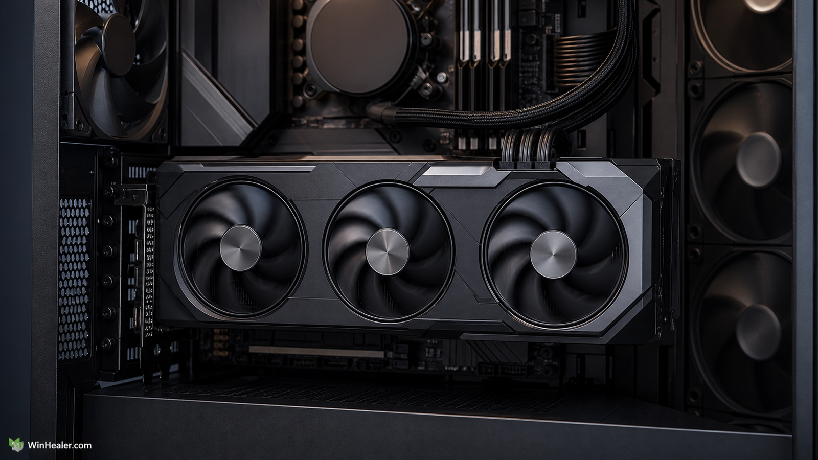 Modern graphics card installed in a gaming PC