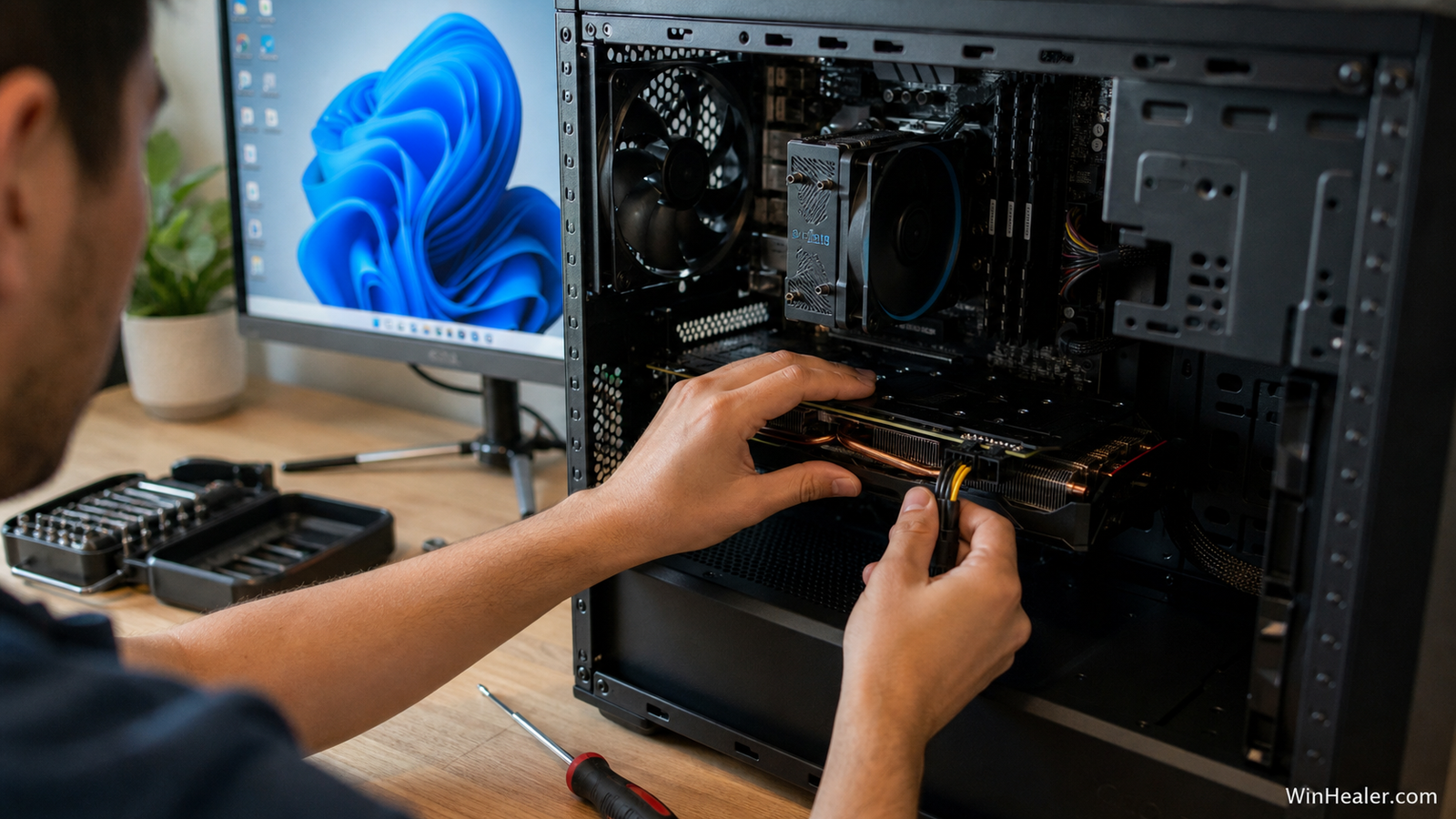Technician checking a graphics card power connection inside a desktop PC