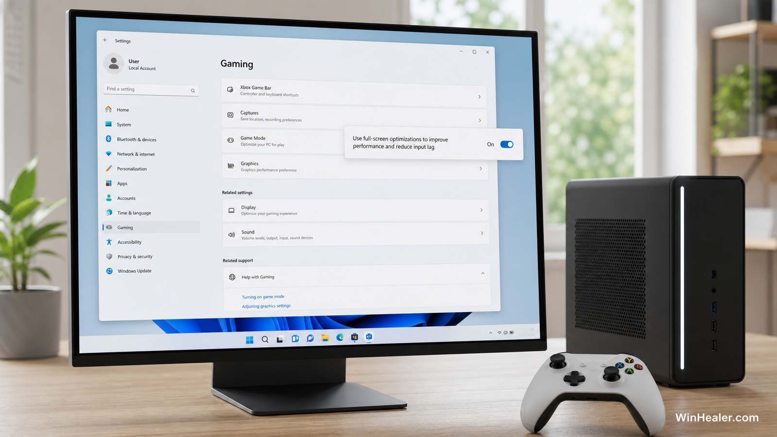 Windows 11 gaming settings on a compact gaming PC
