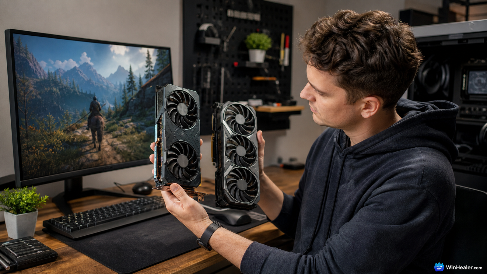 PC gamer comparing two modern graphics cards