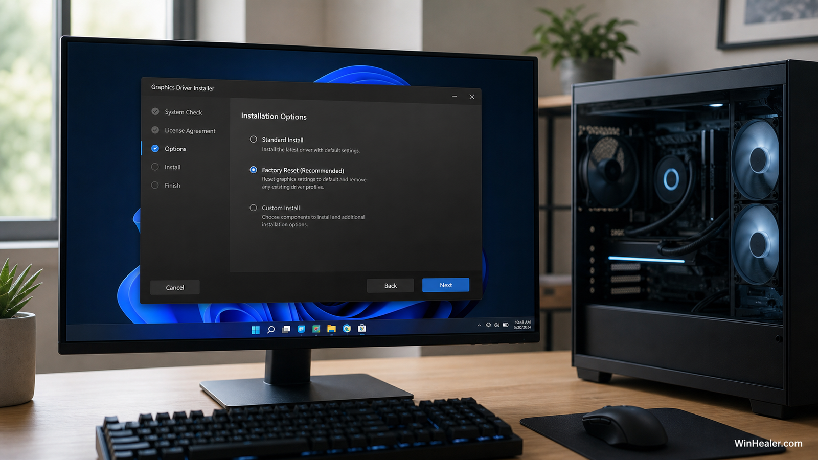 Clean graphics driver installation options on a Windows 11 gaming PC