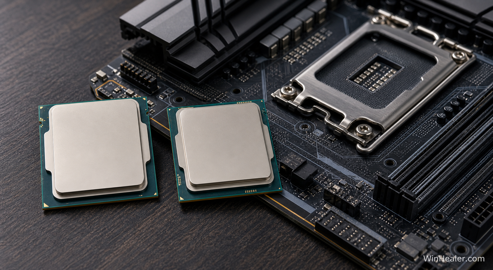 Two desktop processors beside an AM5 gaming motherboard