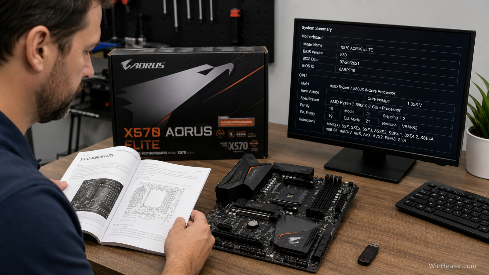 Technician confirming the exact motherboard model before a BIOS update