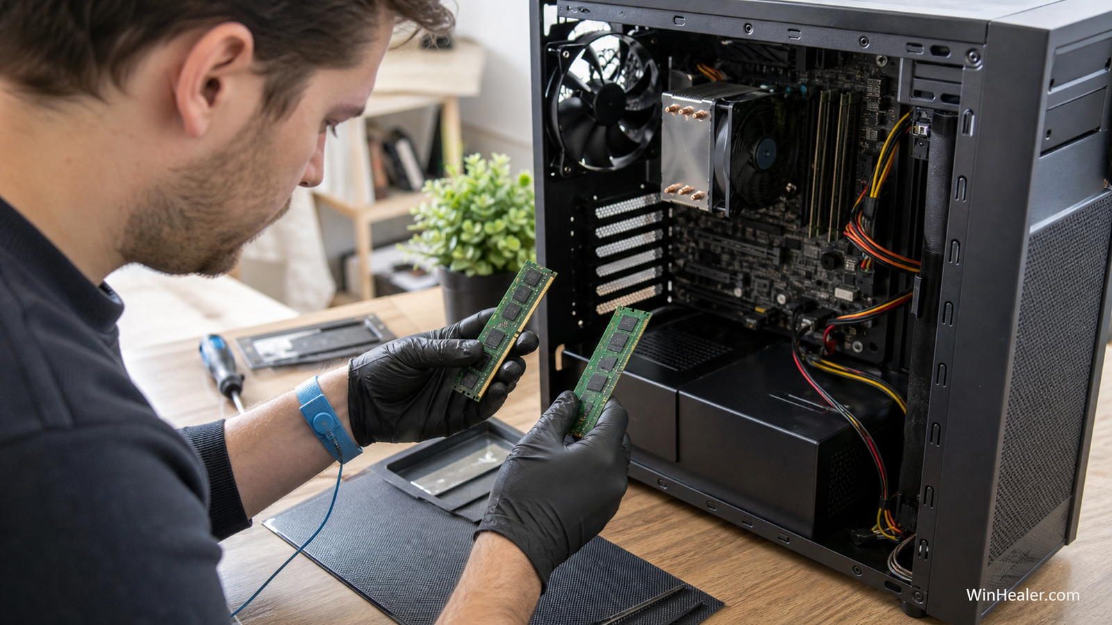 Technician safely inspecting desktop PC memory modules