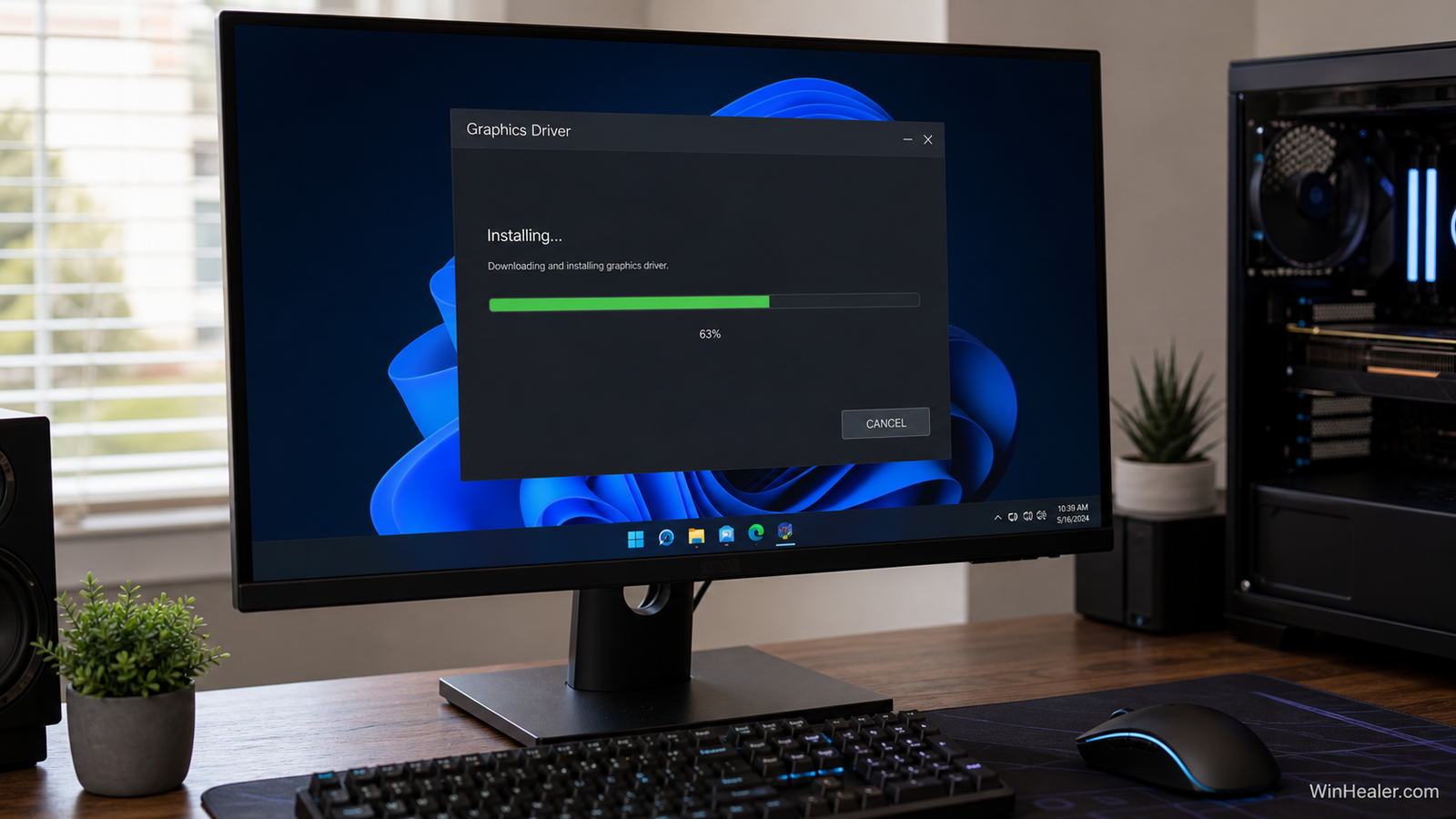 Graphics driver installation progress on a Windows 11 gaming PC