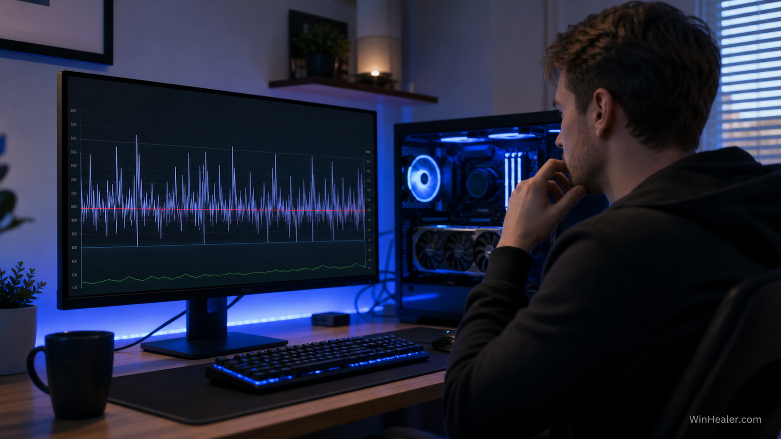 Gamer examining an uneven frame-time graph after a Windows update