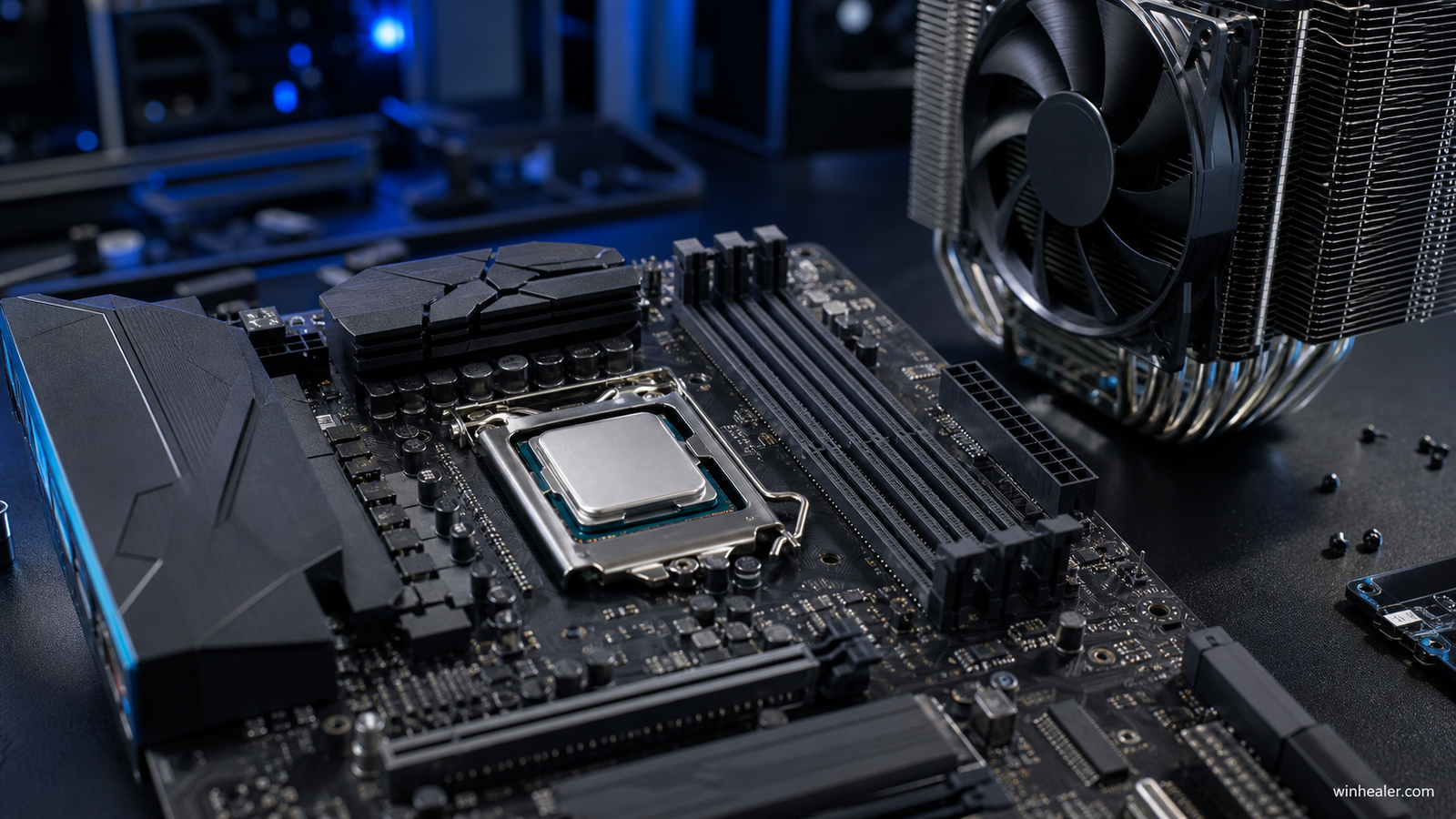 Realistic desktop gaming processor installed in a motherboard with WinHealer branding