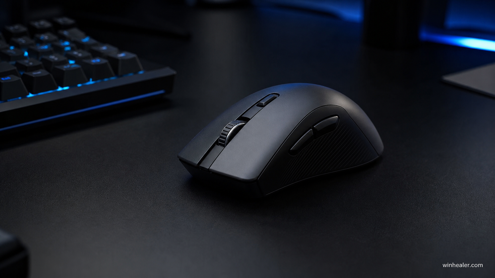 Realistic gaming mouse on a desktop with WinHealer branding