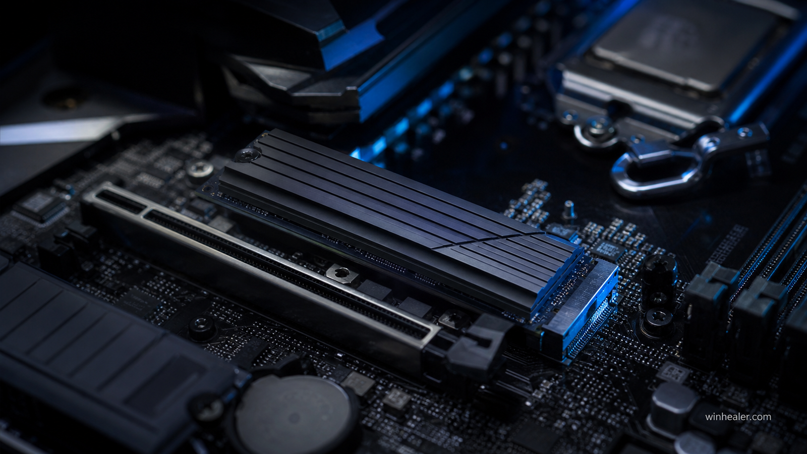 Realistic NVMe gaming SSD installed on a motherboard with WinHealer branding