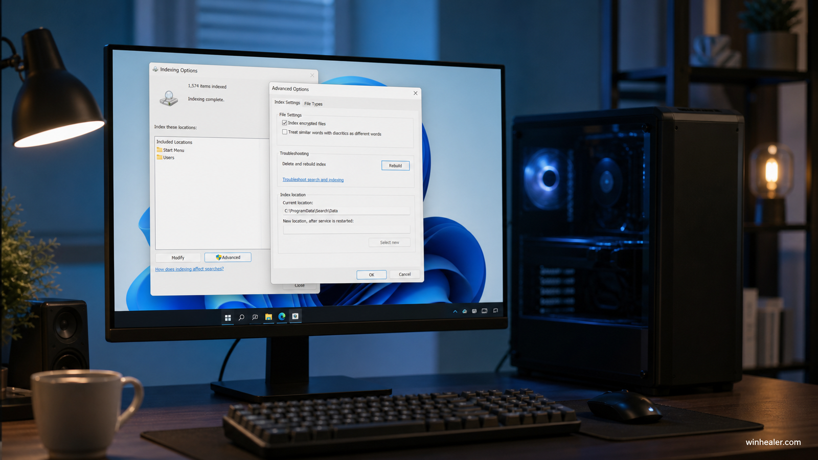 Advanced Indexing Options showing the Windows Search rebuild control