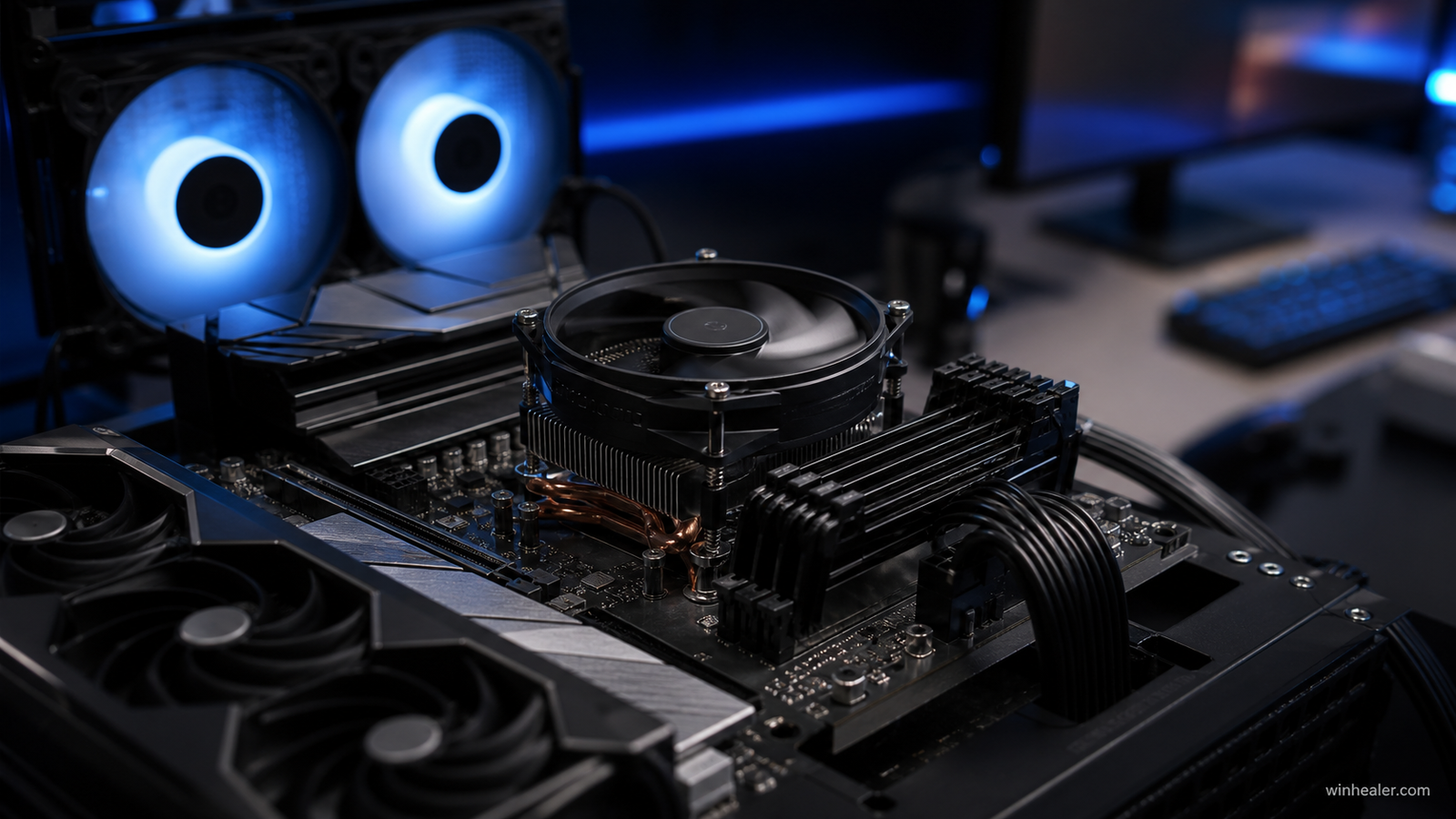 Realistic desktop processor and cooling hardware under load with WinHealer branding