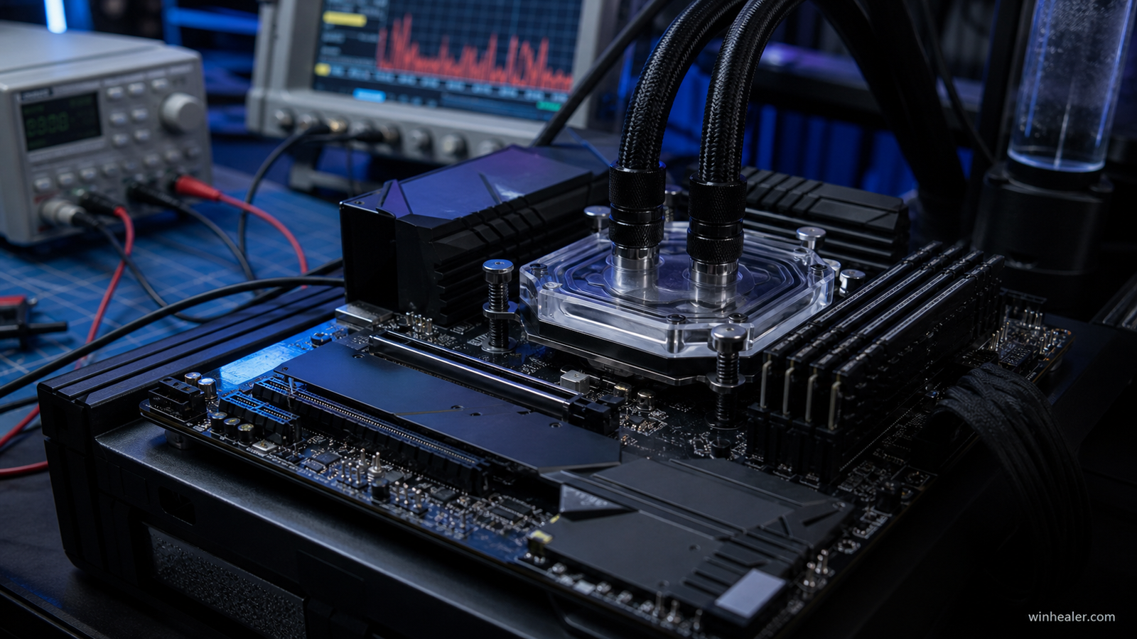 Realistic CPU liquid-cooling overclocking test bench with WinHealer branding