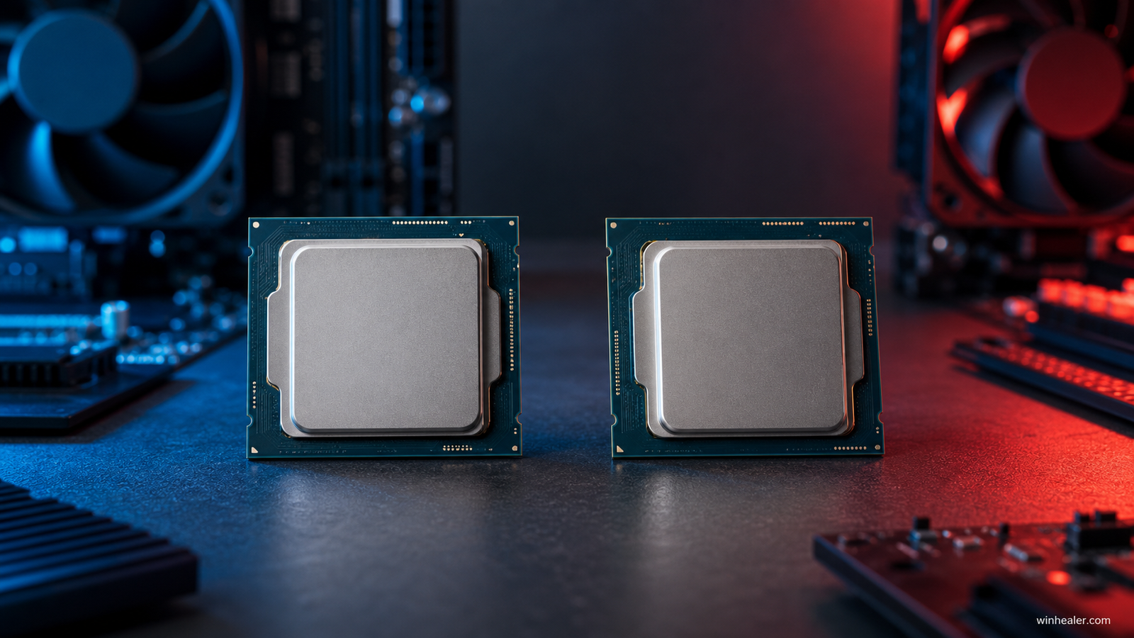 Two desktop processors photographed side by side with WinHealer branding