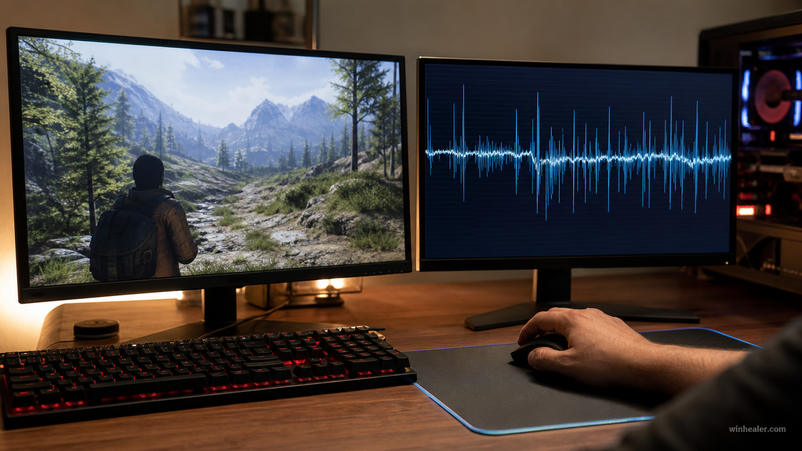 Dual-monitor gaming setup displaying a frame-time graph