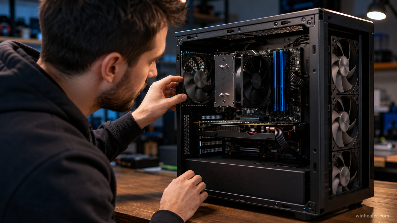 Technician checking cooling and memory inside a gaming PC
