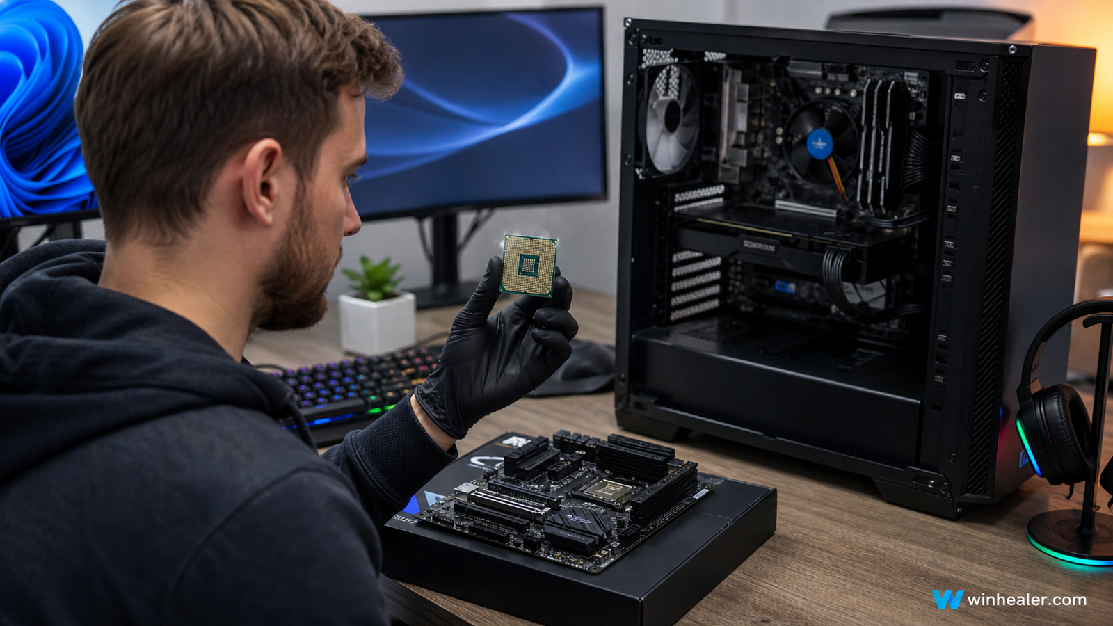 Technician installing a modern desktop processor with WinHealer branding