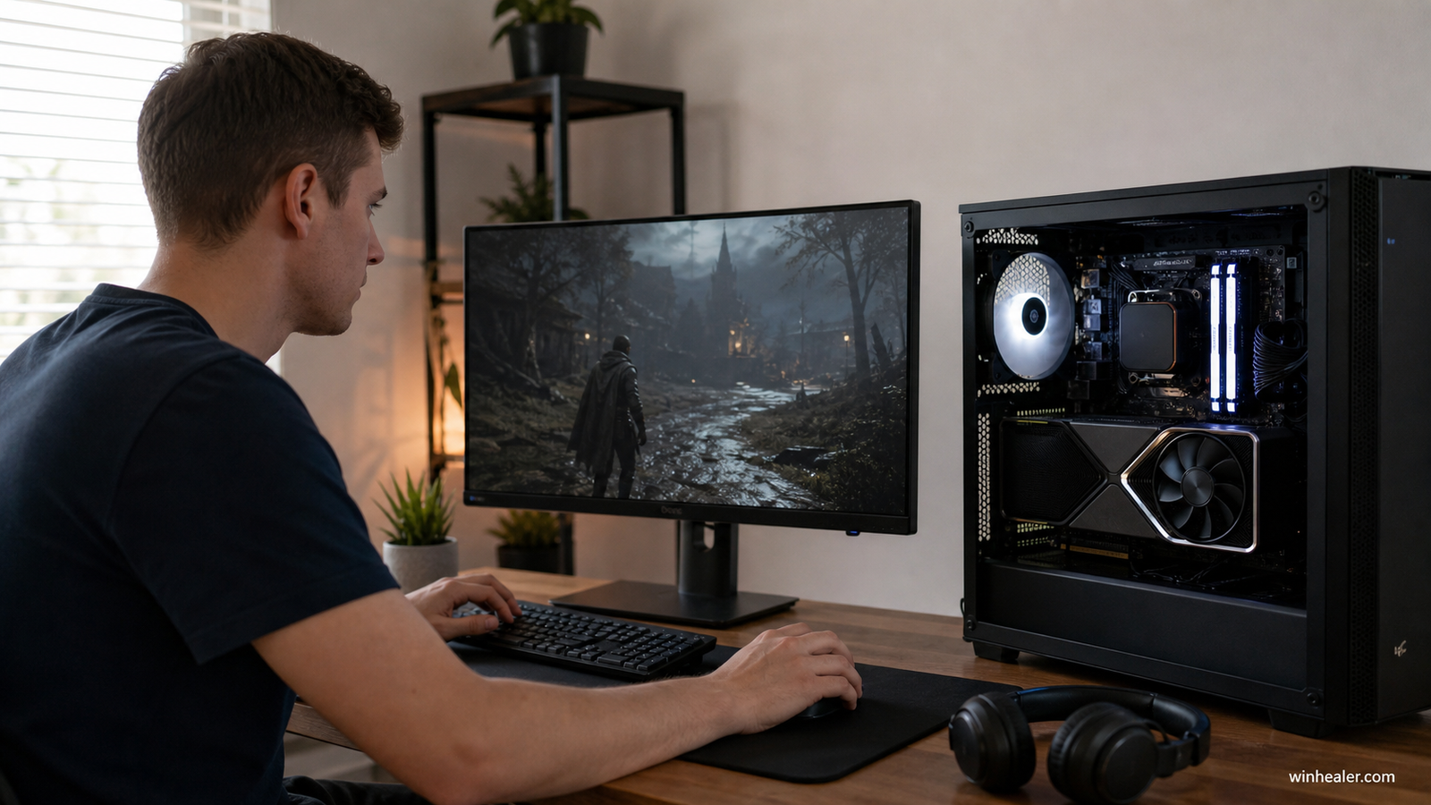 Gaming PC with powerful graphics card being optimized with WinHealer branding