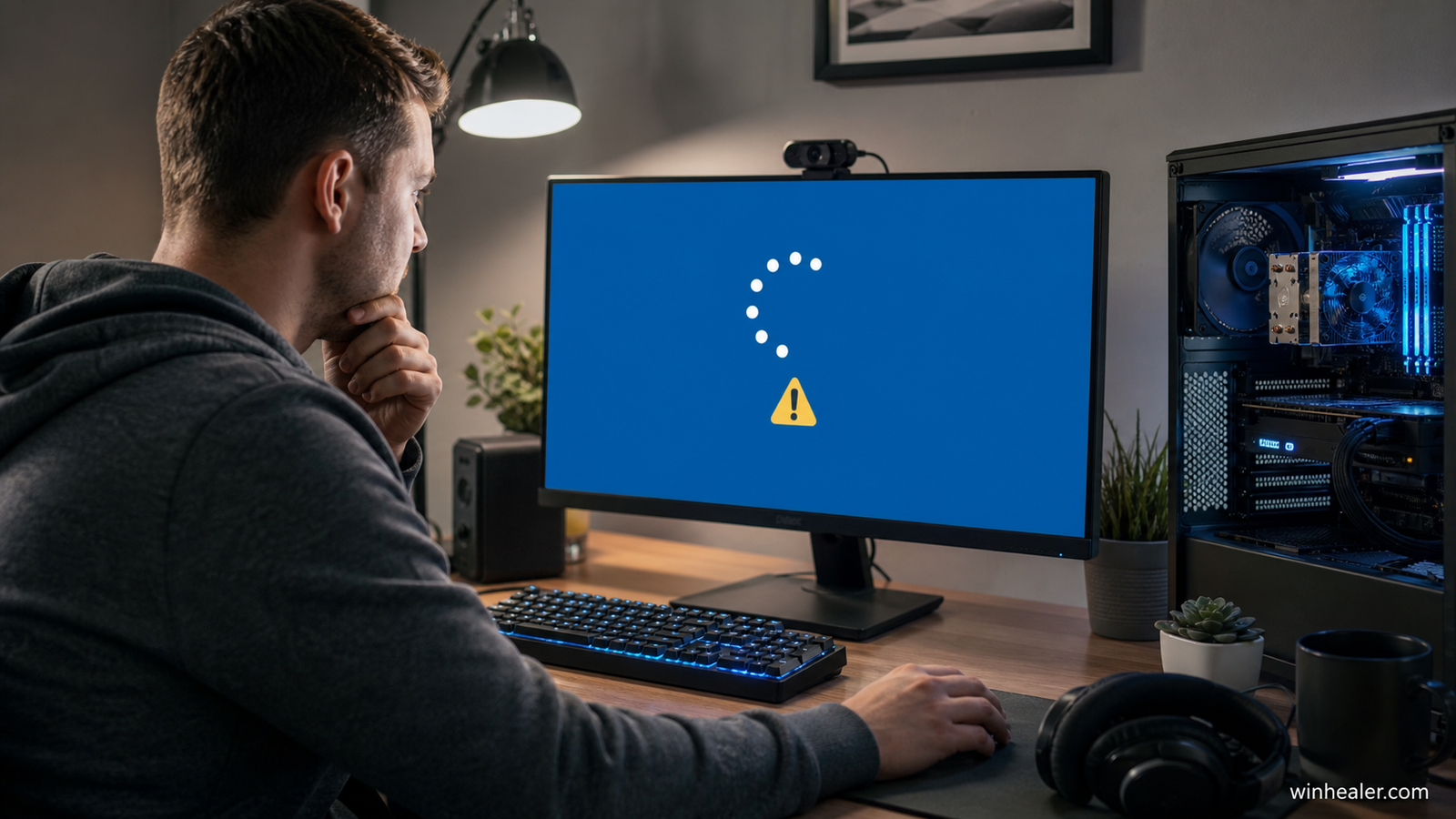 Windows update warning on a desktop PC with WinHealer branding