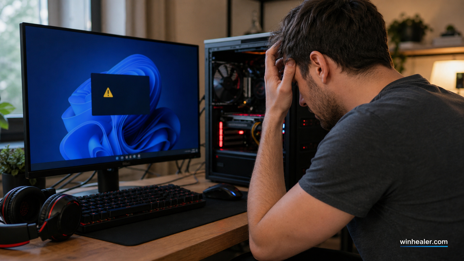 Gaming PC performance troubleshooting scene with WinHealer branding