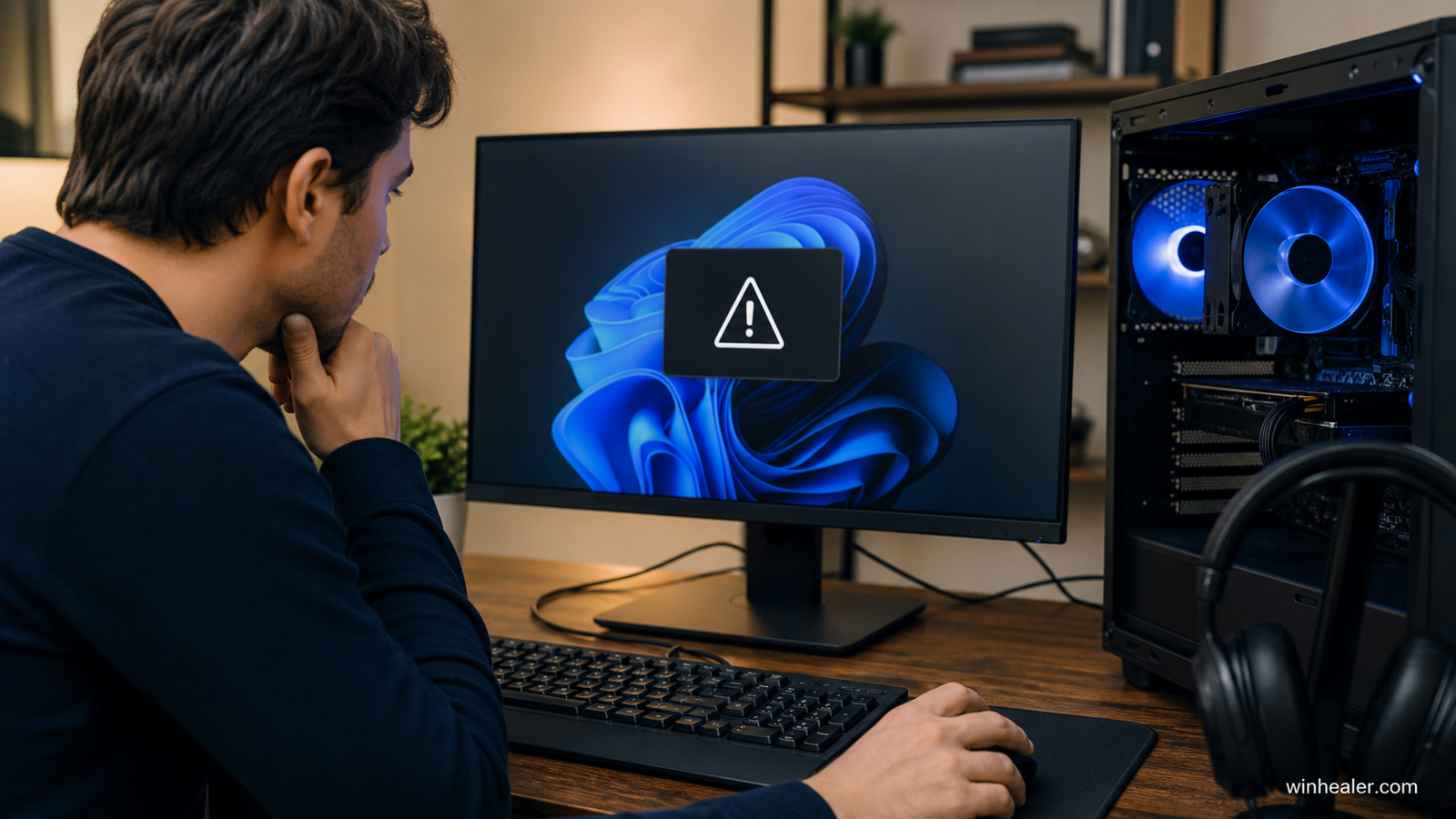 Windows PC showing a performance warning during memory troubleshooting with WinHealer branding