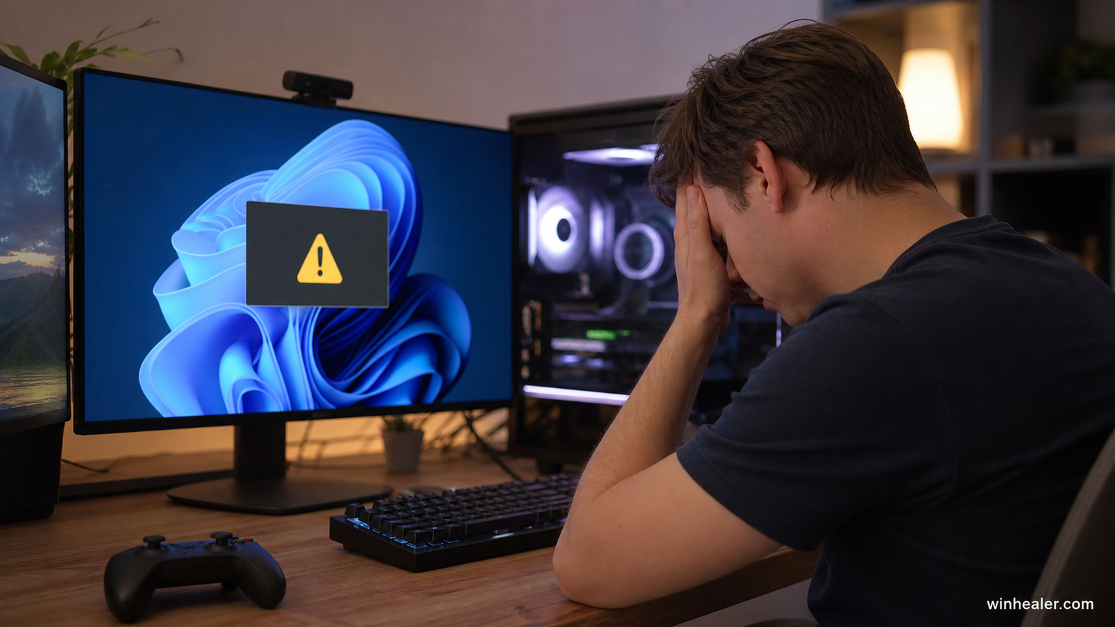 PC technician investigating high processor usage with WinHealer branding