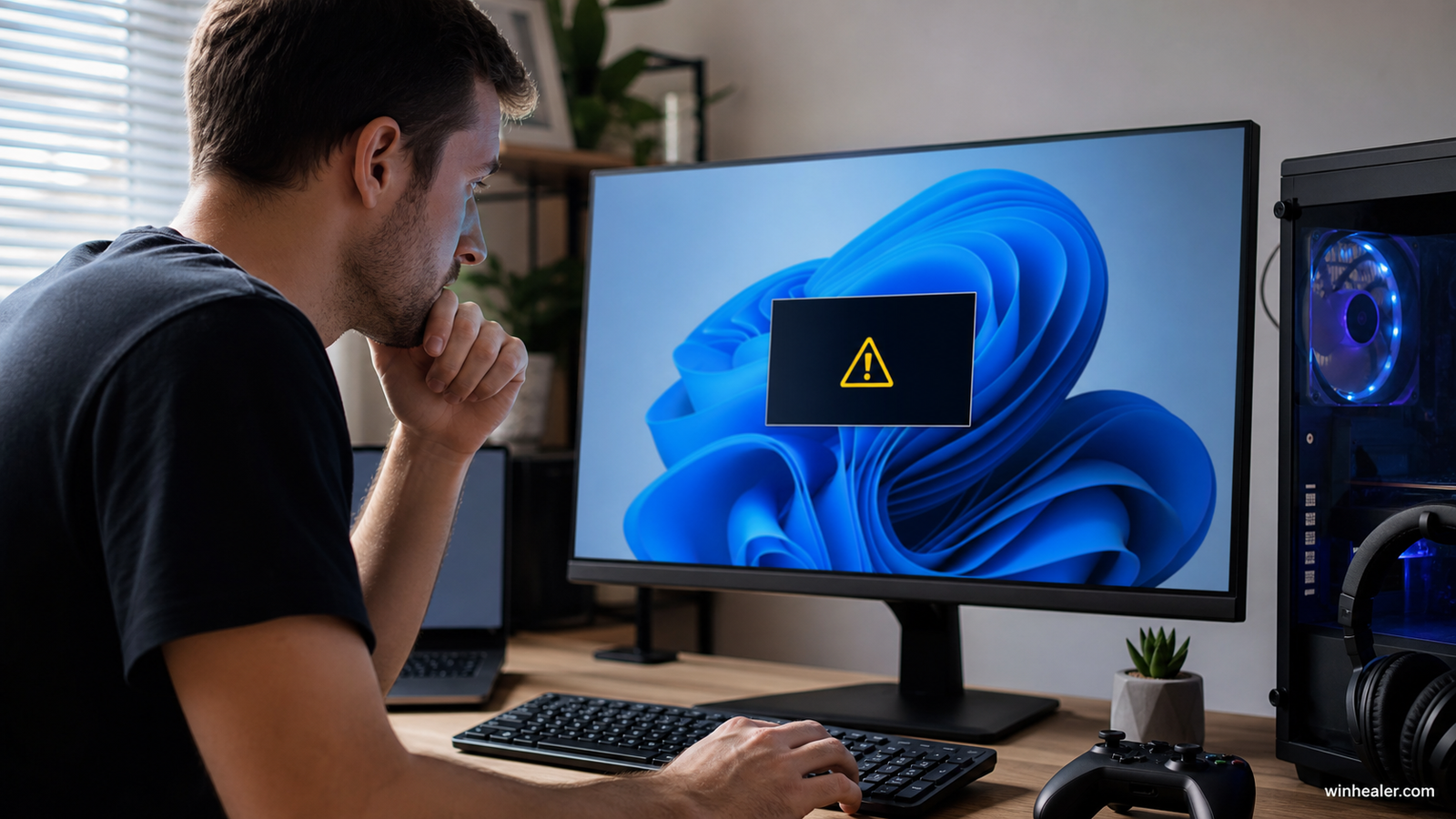 Windows version update warning on a desktop computer with WinHealer branding