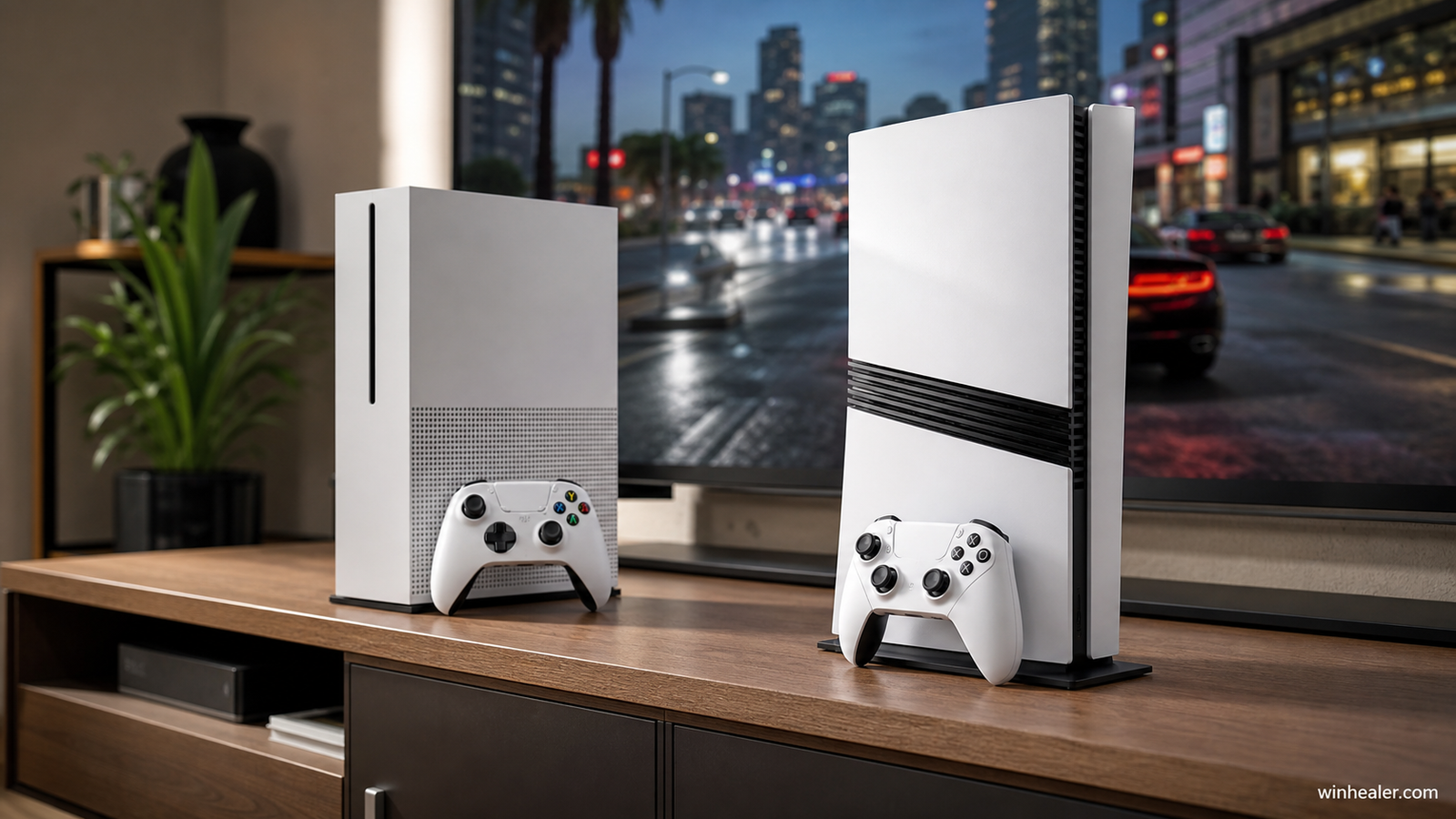 Standard and premium modern game consoles side by side with WinHealer branding