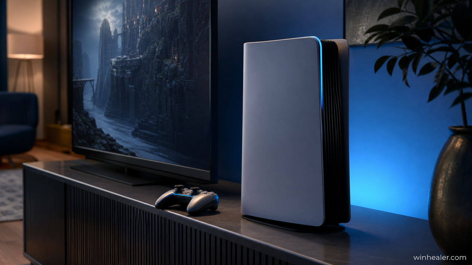 Realistic future game console concept in a modern living room with WinHealer branding