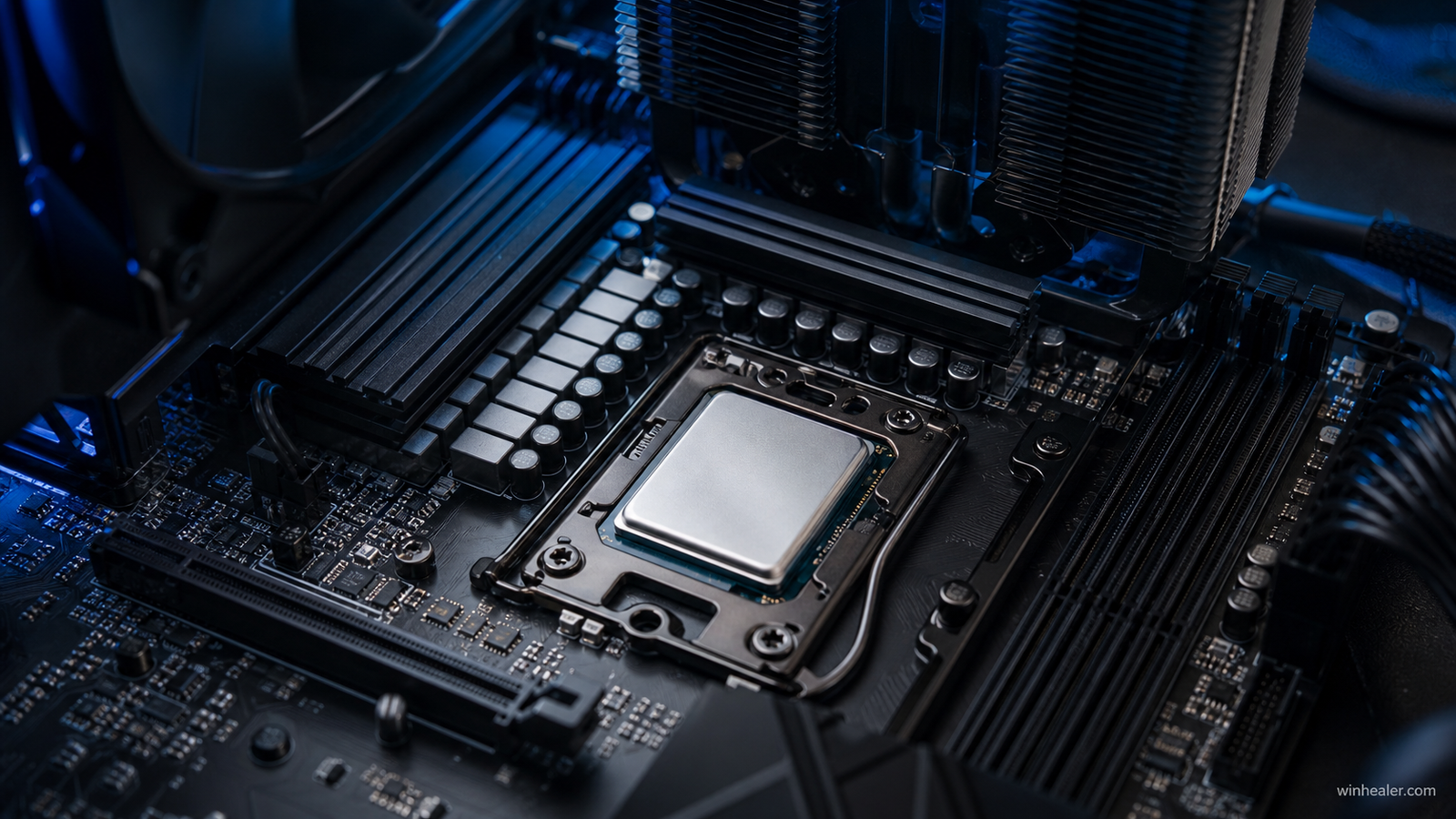 Realistic desktop processor installed with an air cooler and WinHealer branding