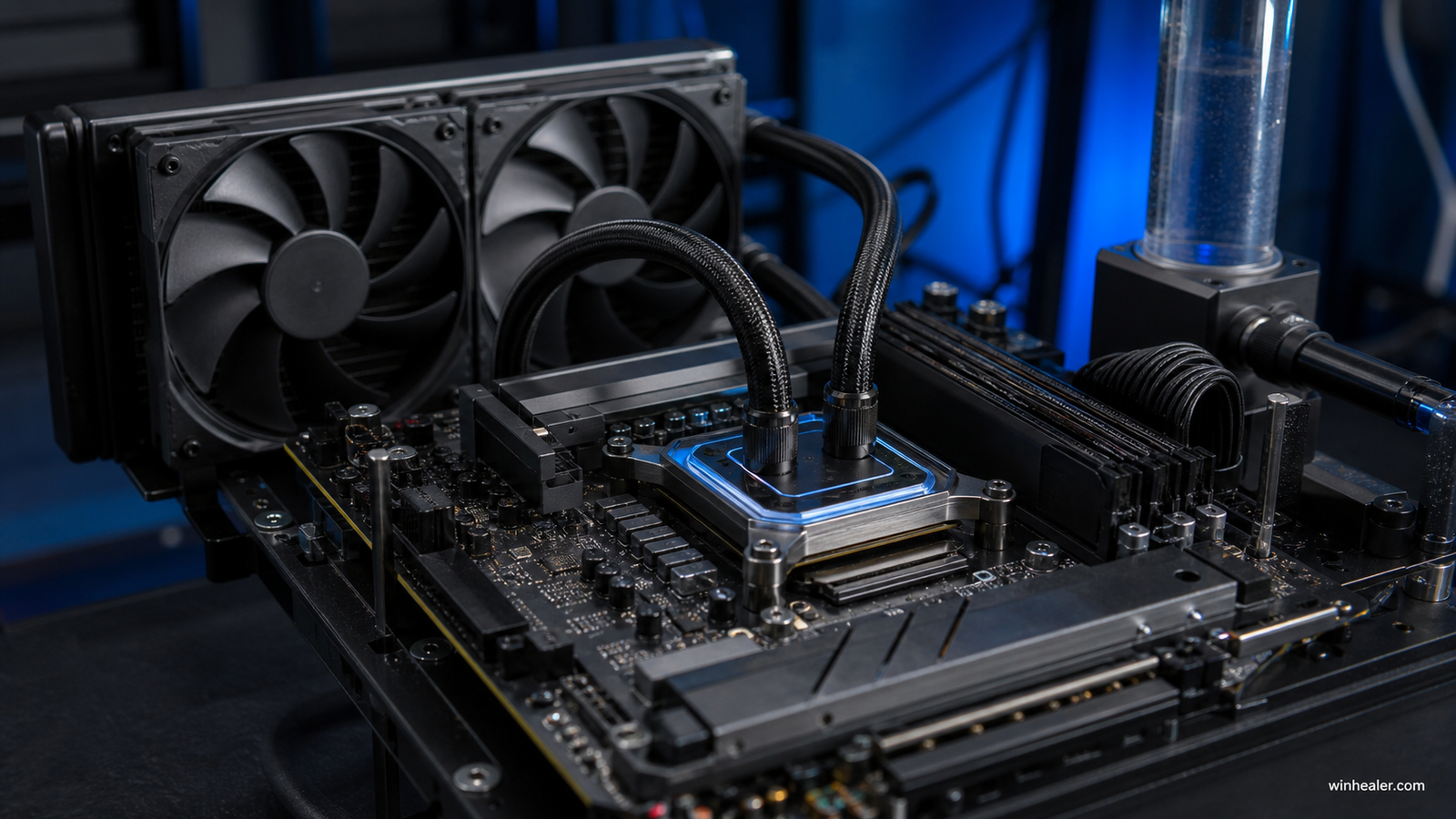 Realistic high-end processor liquid-cooling test bench with WinHealer branding