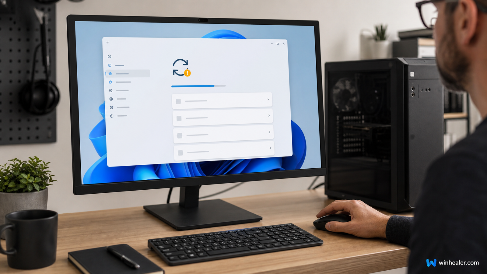 Technician troubleshooting a Windows update problem on a desktop PC with WinHealer branding