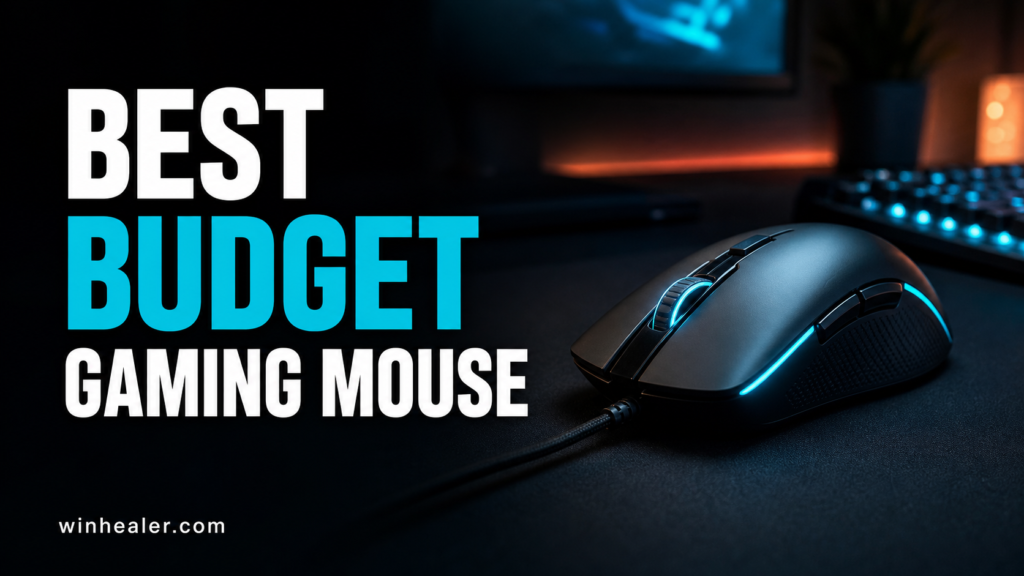 Gaming mouse on a dark PC desk with Best Budget Gaming Mouse headline