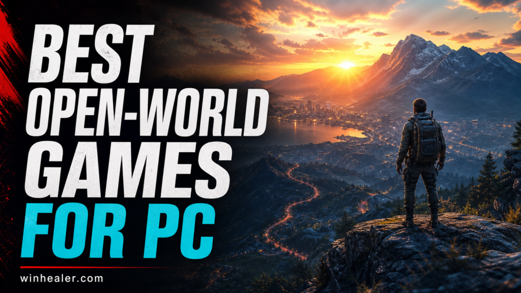 Explorer overlooking an open world with Best Open-World Games for PC headline