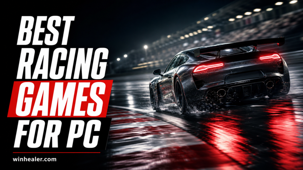 Racing car on a wet circuit with Best Racing Games for PC headline