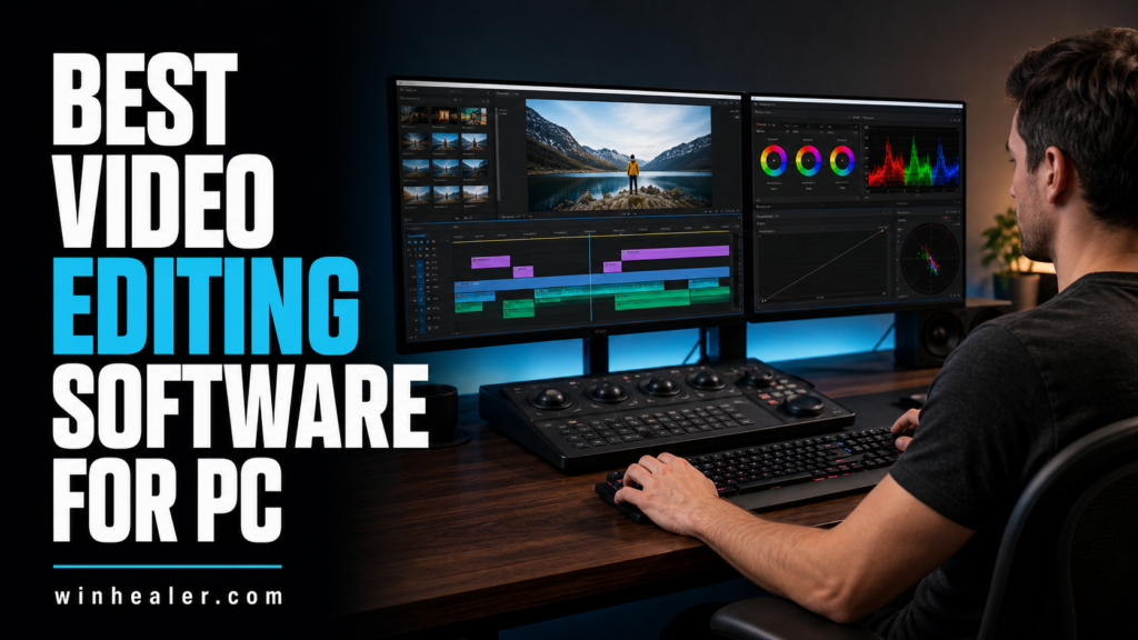 Video editing workstation with Best Video Editing Software for PC headline