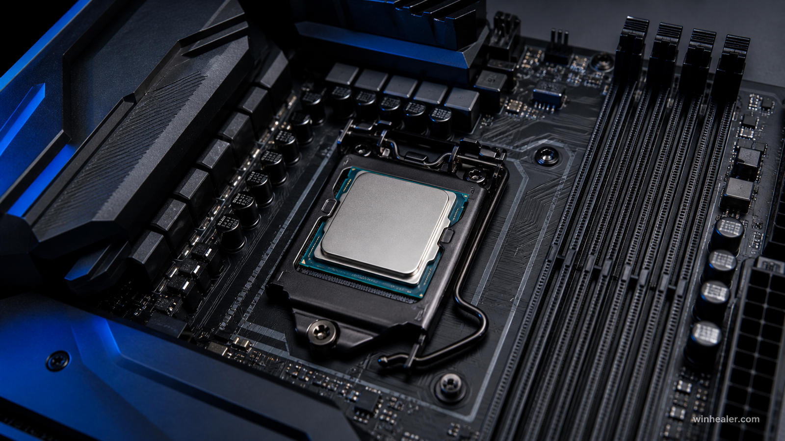 Close-up desktop processor installed in a gaming motherboard with WinHealer branding