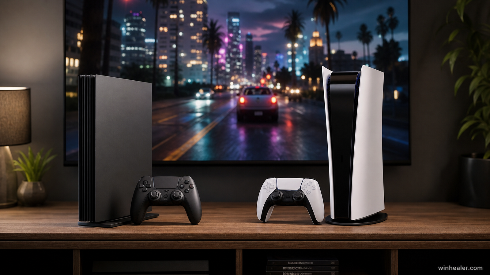 Two modern game consoles compared for open-world gaming with WinHealer branding