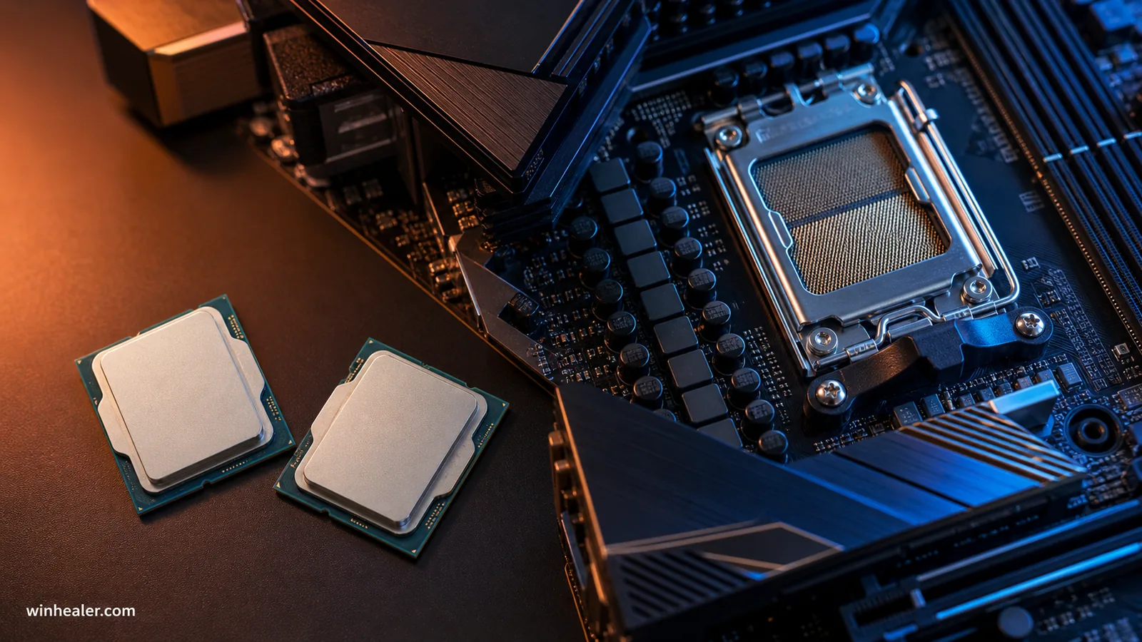 Two AM5 Ryzen X3D processors beside a modern gaming motherboard