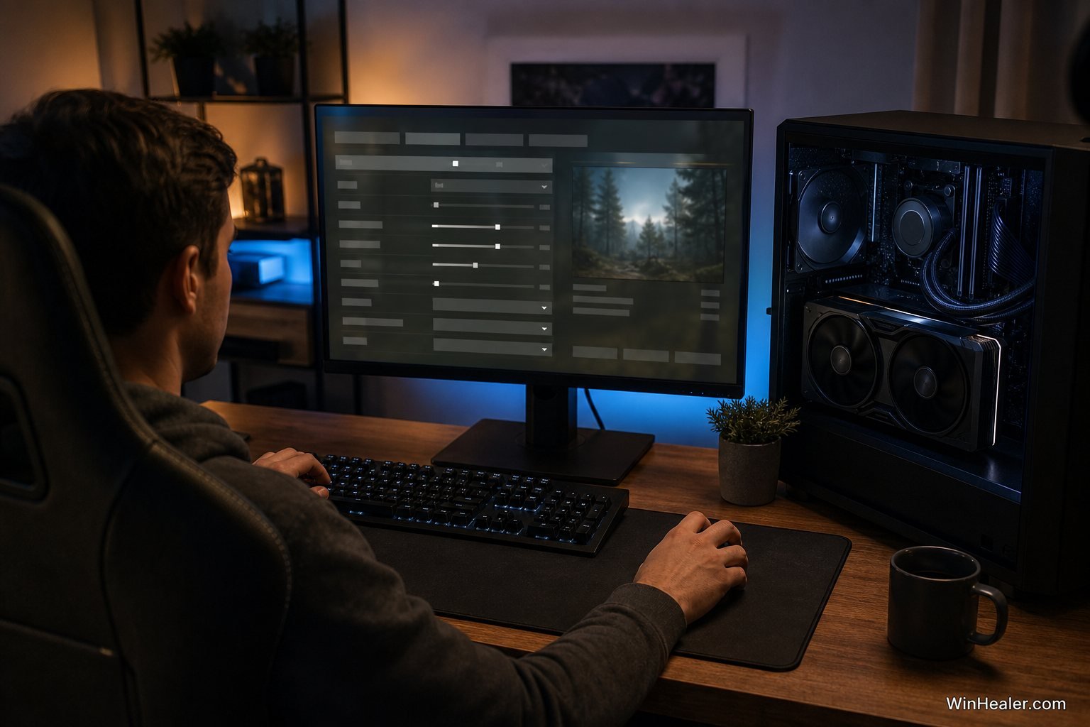 PC gamer adjusting texture, resolution and ray-tracing settings on a gaming computer