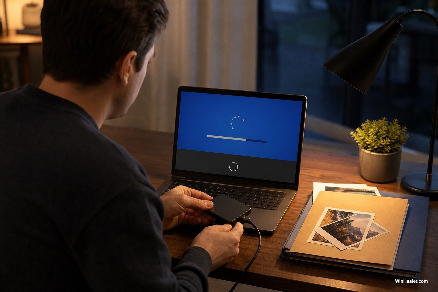 PC user backing up personal files before changing Windows Insider channels