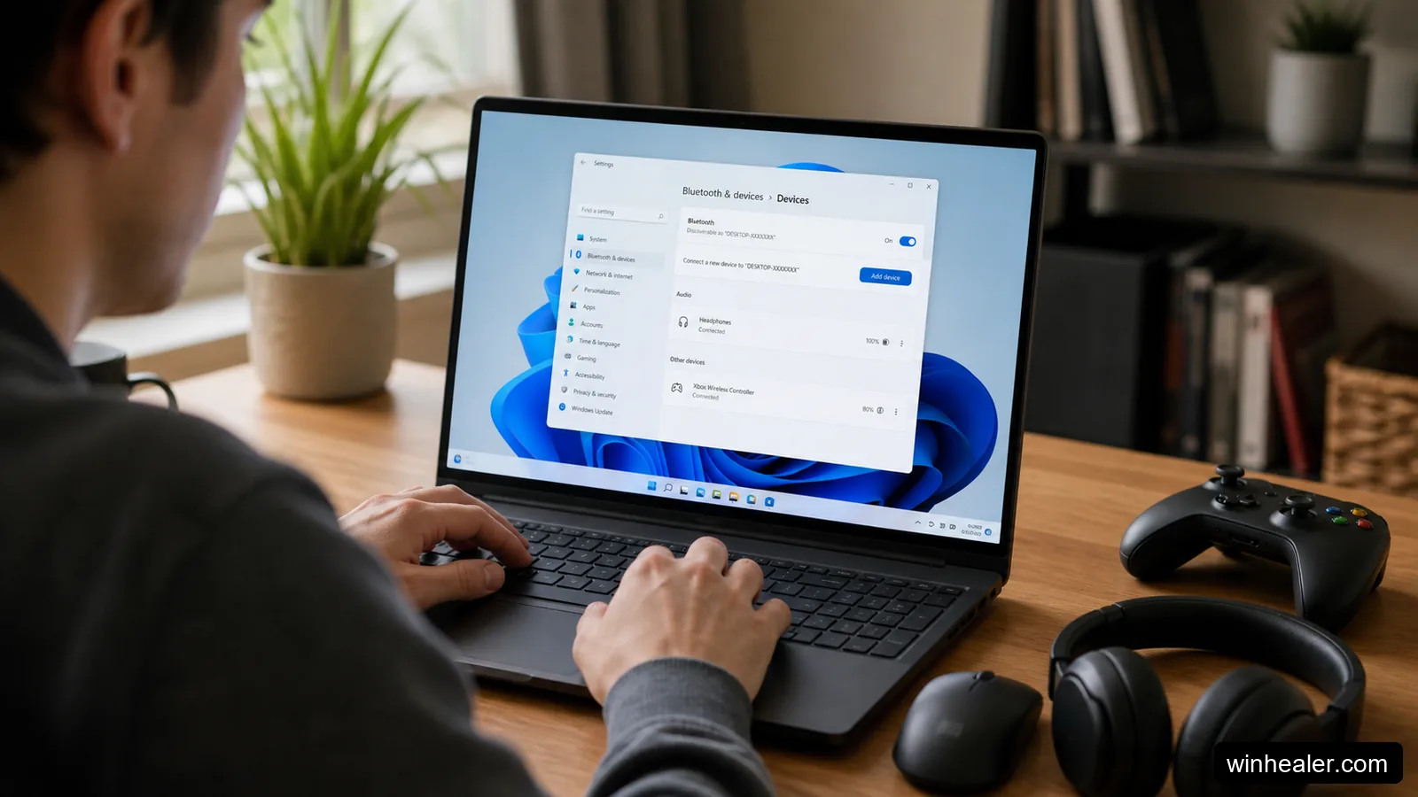 Bluetooth headphones and mouse connected to a Windows 11 laptop