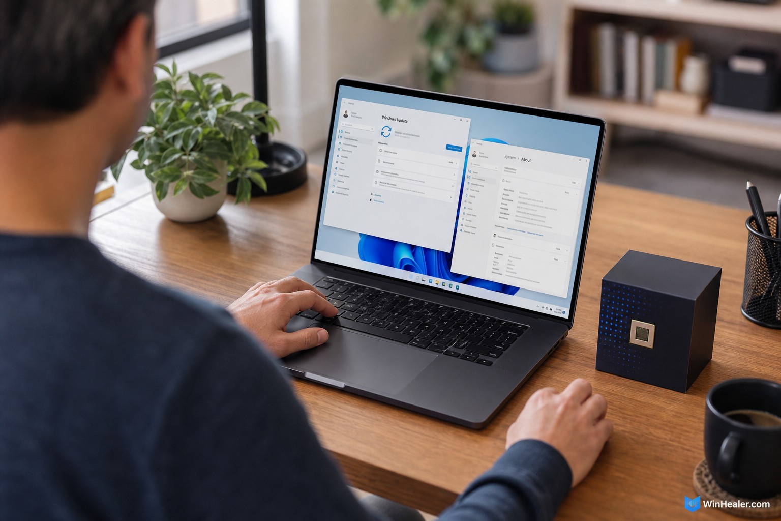 Person checking Windows Update and Windows version information on a laptop