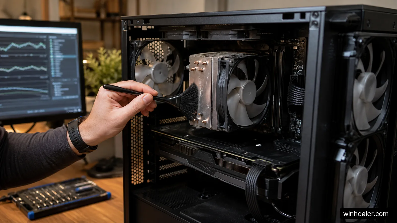 Gaming PC processor cooler and temperature monitoring screen under load