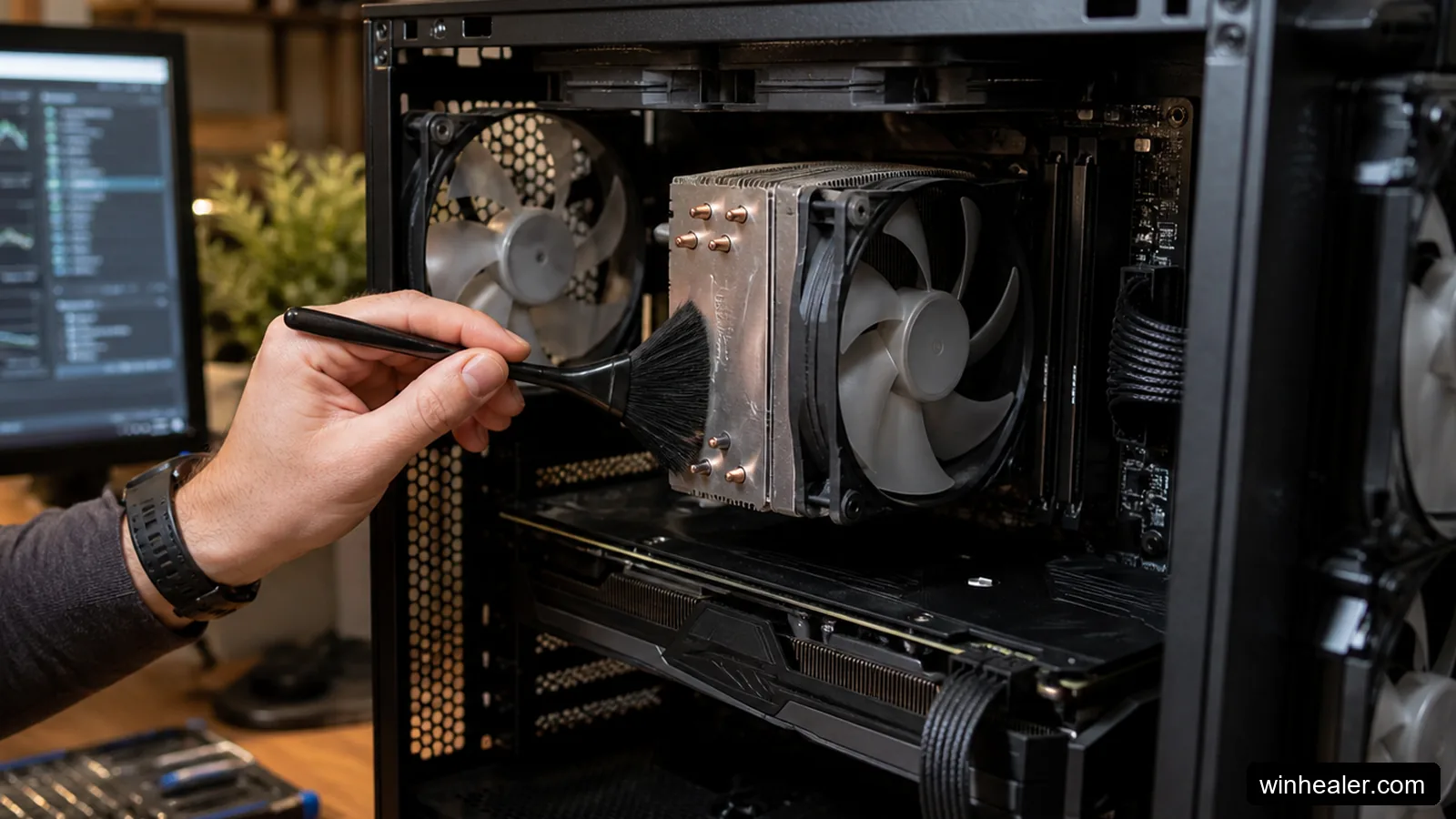 Dust being cleaned carefully from a desktop CPU cooler and case fans