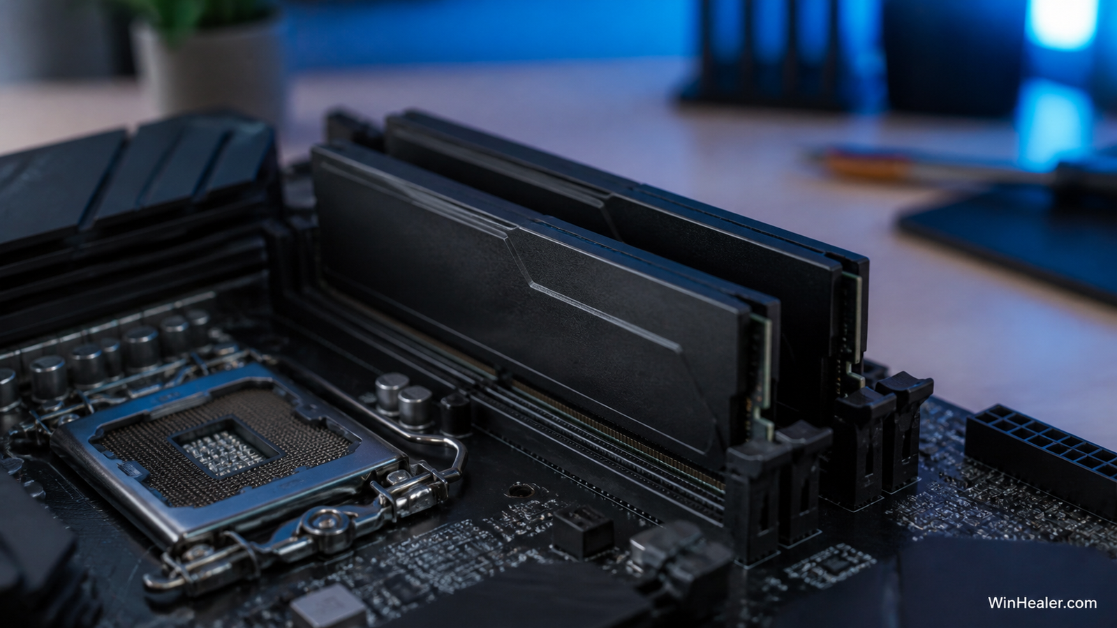 Two generic DDR5 memory modules installed in a desktop motherboard