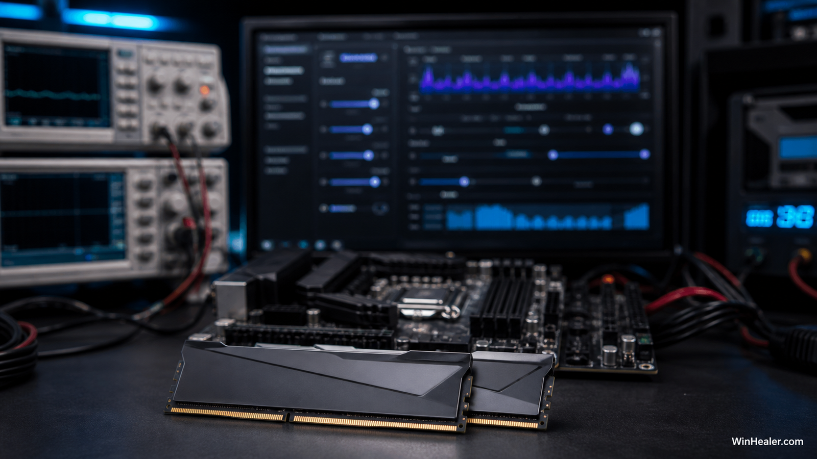 DDR5 memory modules on a professional tuning and stability-testing bench